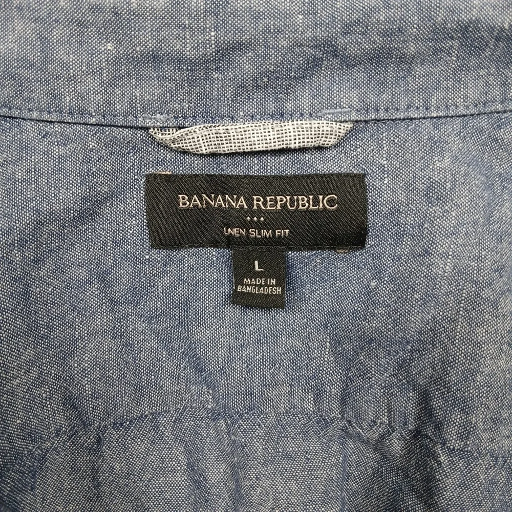 Banana Republic Men's Large Linen Slim Fit Short‎ Sleeve Button-Up Shirt Blue